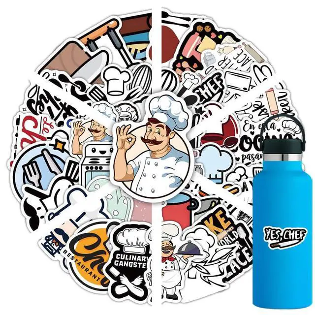 Alt view image 6 of 7 - Chef Stickers |54Pcs Cook Cooker Waterproof Vinyl Decals | Peel and Stick waterproof sun-proof removable Reusable for Water Bottles Laptop Mobile Phone Skateboard Guitar Decoration