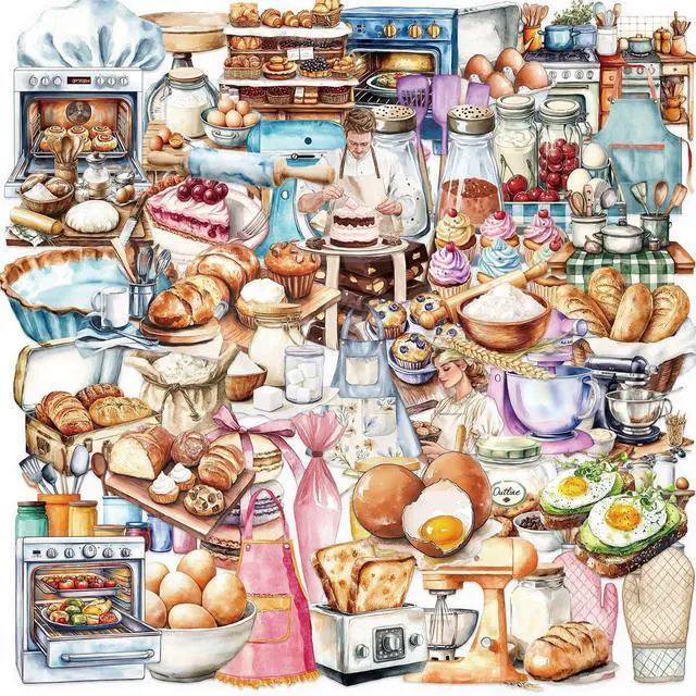 Main image of Cute Baking Stickers for Adults,Teens,Kids, 50PCS Realistic Bakery PET Transparent Waterproof Stickers Pack for Water Bottles,Laptop,Scrapbook, Funny Bakery Themed Party Decorations
