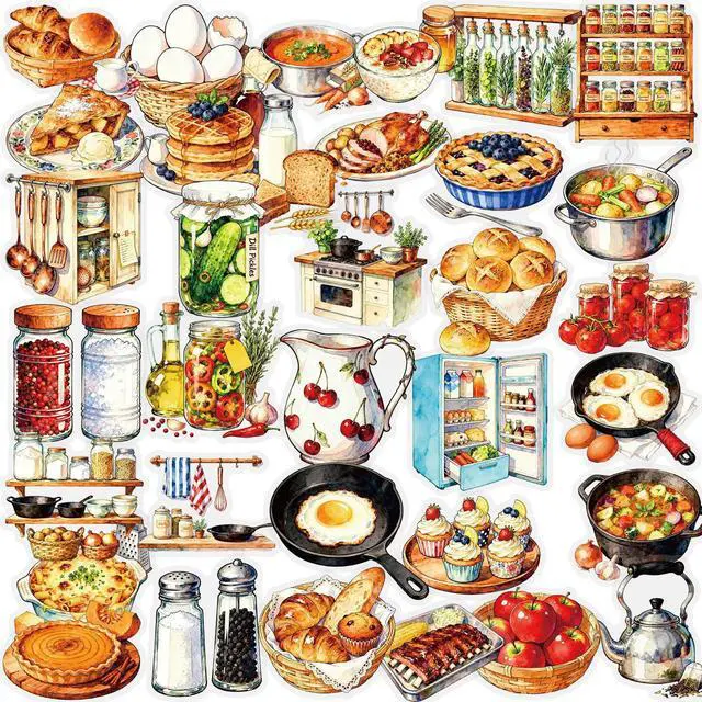 Main image of 50Pcs Transparent Kitchen Food Stickers Pack Waterproof PET Watercolor Cooking Baking Decals for Water Bottle Laptop Phone Case Scrapbook Journal Cup DIY Decor for Food Lovers Home Cooks