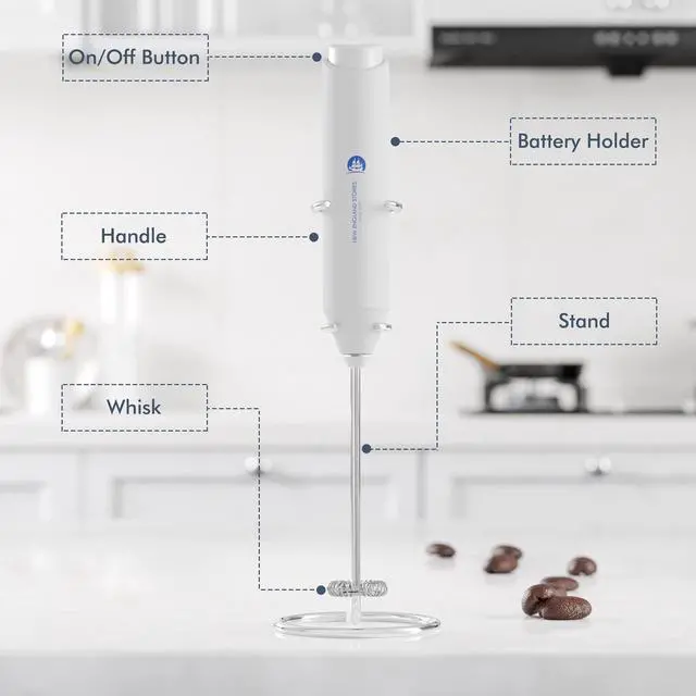 Alt view image 3 of 7 - Powerful Milk Frother Handheld Foam Maker, Mini Whisk Drink Mixer for Coffee, Cappuccino, Latte, Matcha, Hot Chocolate, With Stand, White