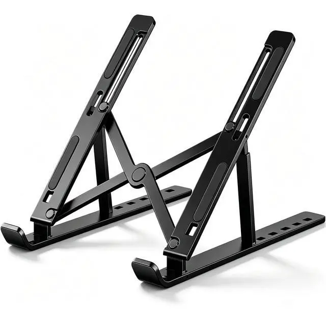 Main image of Adjustable Laptop Stand - Aluminum Foldable Portable Computer Riser for 10-15.6 Inch Laptops, Ergonomic Design with Storage Bag, Compatible with MacBook Air/Pro, HP, Dell (Black)
