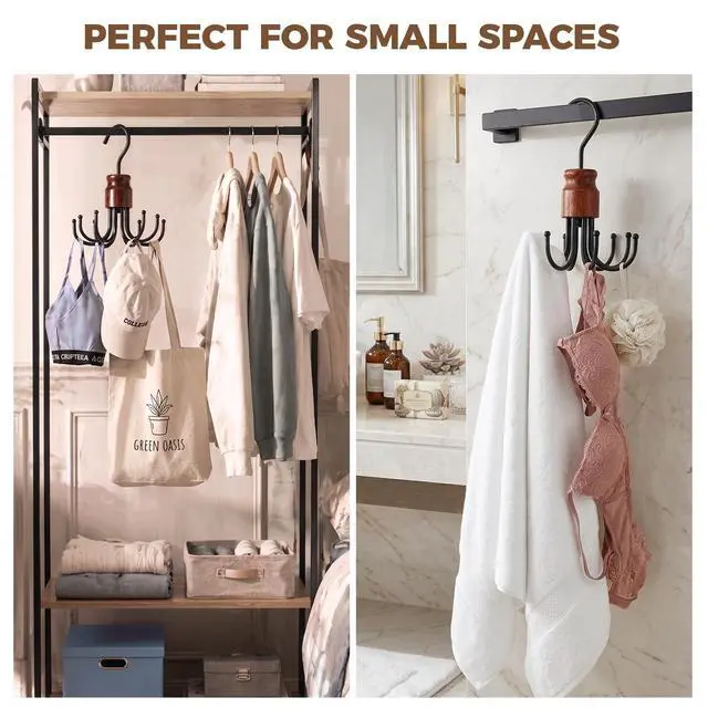 Alt view image 7 of 7 - Bra Hanger for Closet Organizer, Wooden Tank Top Hangers Space Saving | 360° Rotating Bra Holder with 8 Hooks, Metal Foldable Hanger, Storage for Bras, Scarves, Belts, Underwear and More