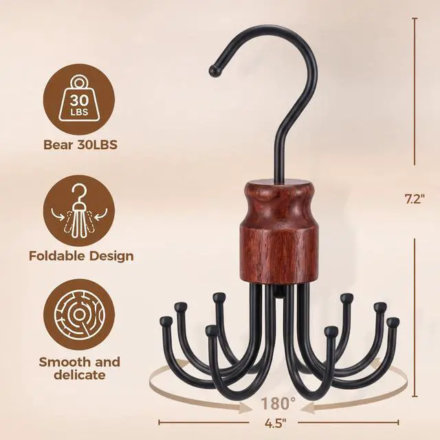 Alt view image 4 of 7 - Bra Hanger for Closet Organizer, Wooden Tank Top Hangers Space Saving | 360° Rotating Bra Holder with 8 Hooks, Metal Foldable Hanger, Storage for Bras, Scarves, Belts, Underwear and More