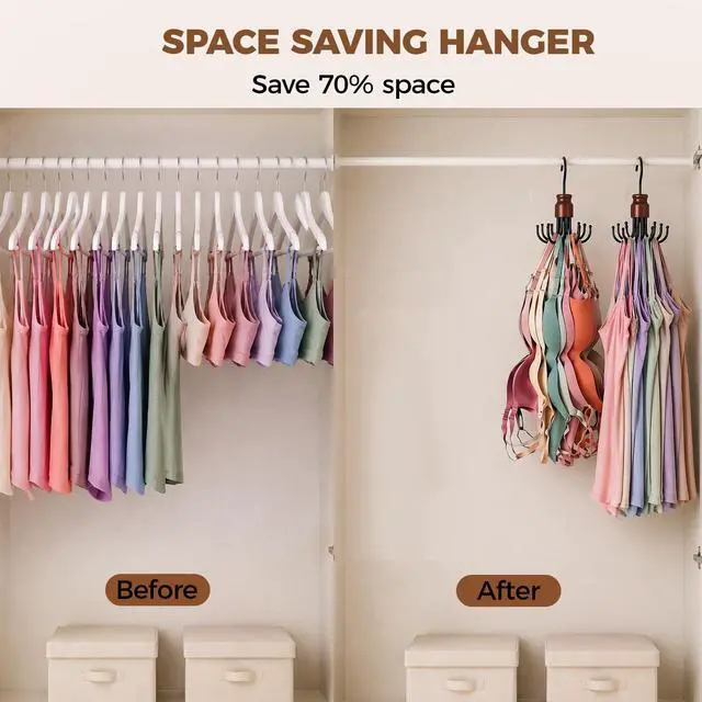 Alt view image 3 of 7 - Bra Hanger for Closet Organizer, Wooden Tank Top Hangers Space Saving | 360° Rotating Bra Holder with 8 Hooks, Metal Foldable Hanger, Storage for Bras, Scarves, Belts, Underwear and More