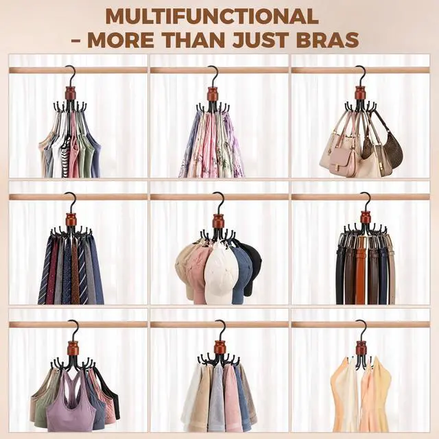 Alt view image 6 of 7 - Bra Hanger for Closet Organizer, Wooden Tank Top Hangers Space Saving | 360° Rotating Bra Holder with 8 Hooks, Metal Foldable Hanger, Storage for Bras, Scarves, Belts, Underwear and More