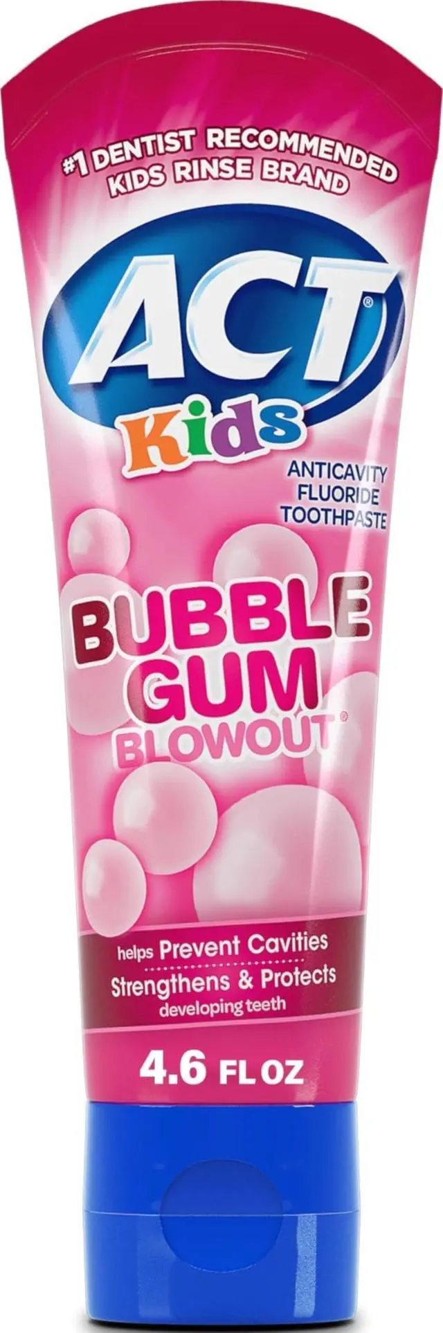 Main image of Kids Anticavity Fluoride Toothpaste, Bubble Gum Blowout, 4.6 oz. | Prevents cavities, strengthens teeth, freshens breath, stand-up tube with flip-cap for convenient use