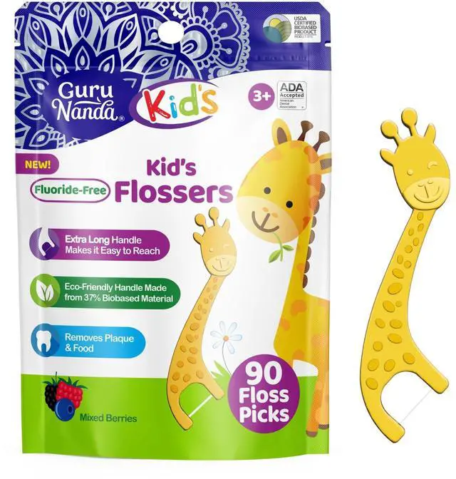 Main image of Dental Floss Picks for Kids, Extra-Long Giraffe-Shaped Picks, Fluoride-Free, Anti-Slip & Shred-Resistant Design & Eco-Friendly Handle & Berry Flavor, Ideal for Ages 3+, 90 Count (Pack of 1)