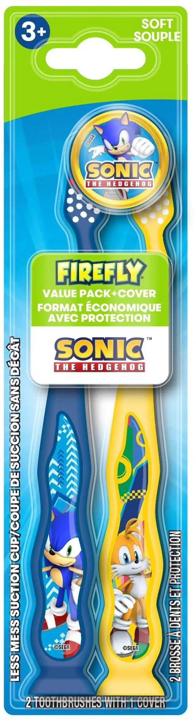 Main image of Manual Toothbrush for Kids with Suction Cup, Sonic the Hedgehog, Soft Bristle, 2 toothbrushes + 1 Cover