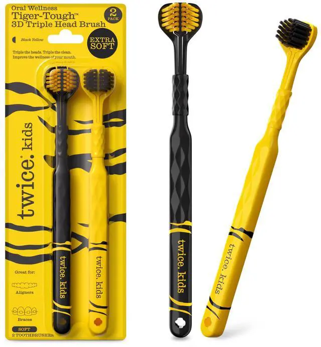 Main image of Kids 3D Triple-Head Toothbrush Extra-Soft Bristles for Sensitive Gums, 3-Sided Design for Effective Plaque Removal & Sparkly Clean Smiles, Also Suitable for Braces & Aligners, Ages 3+, 2 Count