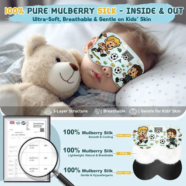 Alt view image 2 of 7 - Kids Silk Sleep Mask, 100% Mulberry Silk Eye Mask with Adjustable Strap | Soft Blackout Boys Girls Sleeping Mask, Cute Printed Blindfold for Travel/School/Bed, Gift for Ages 515