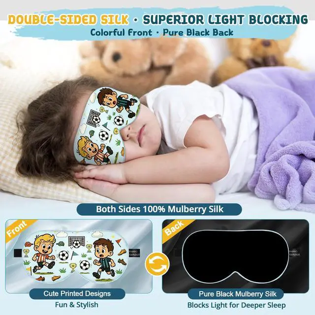 Alt view image 4 of 7 - Kids Silk Sleep Mask, 100% Mulberry Silk Eye Mask with Adjustable Strap | Soft Blackout Boys Girls Sleeping Mask, Cute Printed Blindfold for Travel/School/Bed, Gift for Ages 515