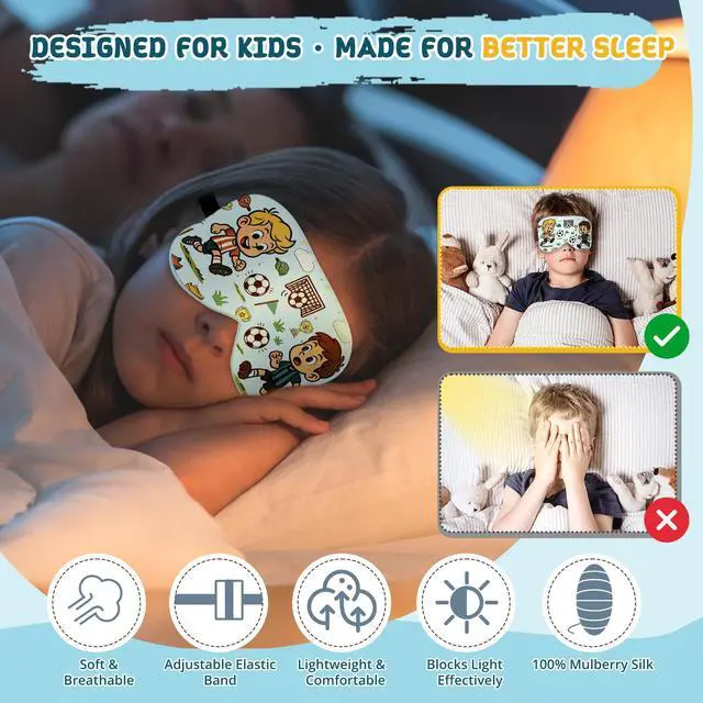 Alt view image 6 of 7 - Kids Silk Sleep Mask, 100% Mulberry Silk Eye Mask with Adjustable Strap | Soft Blackout Boys Girls Sleeping Mask, Cute Printed Blindfold for Travel/School/Bed, Gift for Ages 515