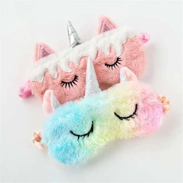 Alt view image 3 of 7 - Cute Animal Sleeping Sleep Mask Soft Plush Blindfold Cute Rabbit Panda Koala Eye Cover Eyeshade for Kids Teens Girls Women (Unicorn Rainbow)