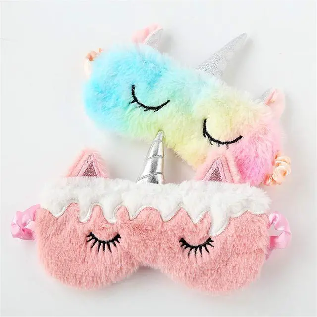 Alt view image 4 of 7 - Cute Animal Sleeping Sleep Mask Soft Plush Blindfold Cute Rabbit Panda Koala Eye Cover Eyeshade for Kids Teens Girls Women (Unicorn Rainbow)