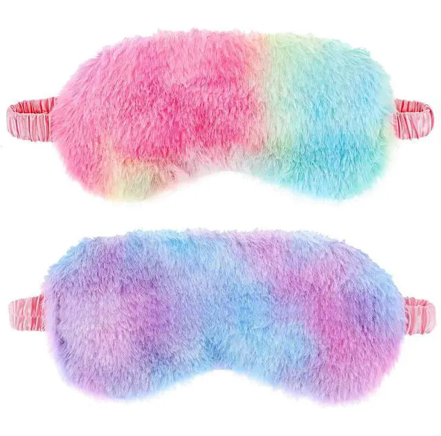 Main image of 2 Pack Plush Sleeping Eye Mask Soft Plush Eye Mask Fuffy Eye Cover Comfortable Sleep Mask Blindfold Rainbow Faux Fur Eye Shade for Women, Men and Kids Travel Nap Sleeping