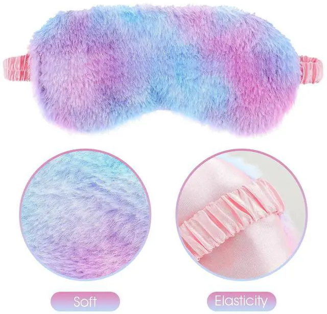 Alt view image 4 of 7 - 2 Pack Plush Sleeping Eye Mask Soft Plush Eye Mask Fuffy Eye Cover Comfortable Sleep Mask Blindfold Rainbow Faux Fur Eye Shade for Women, Men and Kids Travel Nap Sleeping