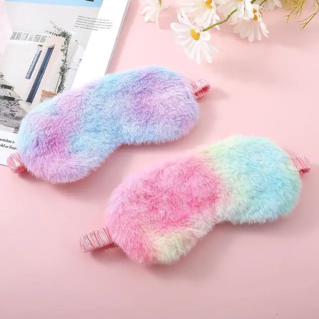 Alt view image 3 of 7 - 2 Pack Plush Sleeping Eye Mask Soft Plush Eye Mask Fuffy Eye Cover Comfortable Sleep Mask Blindfold Rainbow Faux Fur Eye Shade for Women, Men and Kids Travel Nap Sleeping