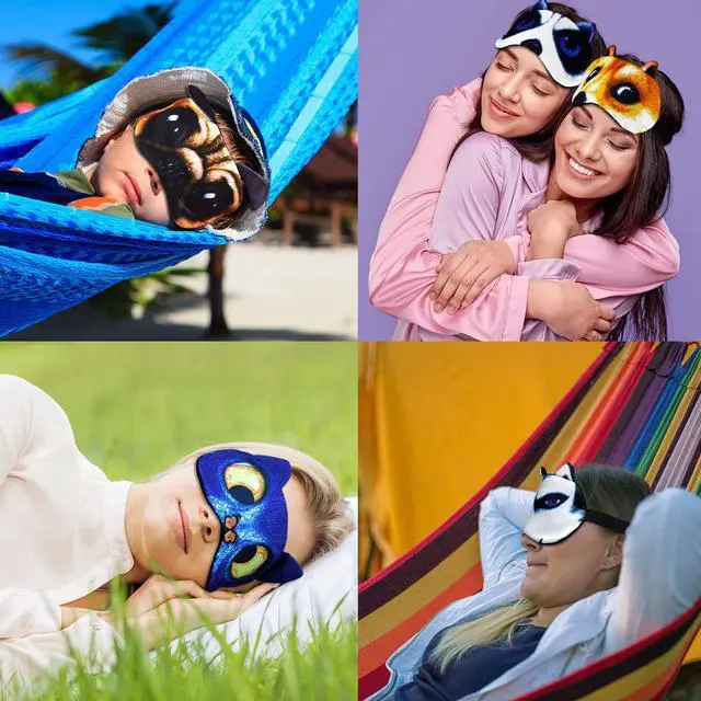 Alt view image 5 of 7 - Kids Sleep Mask, 4 Pack Cute Animal Cat Dog Funny Sleep Eye Mask for Sleeping Soft Plush Blindfold with Adjustable Strap for Kids Adults Travel Naps Shift Works Games(03 Style B- 4 Pack)