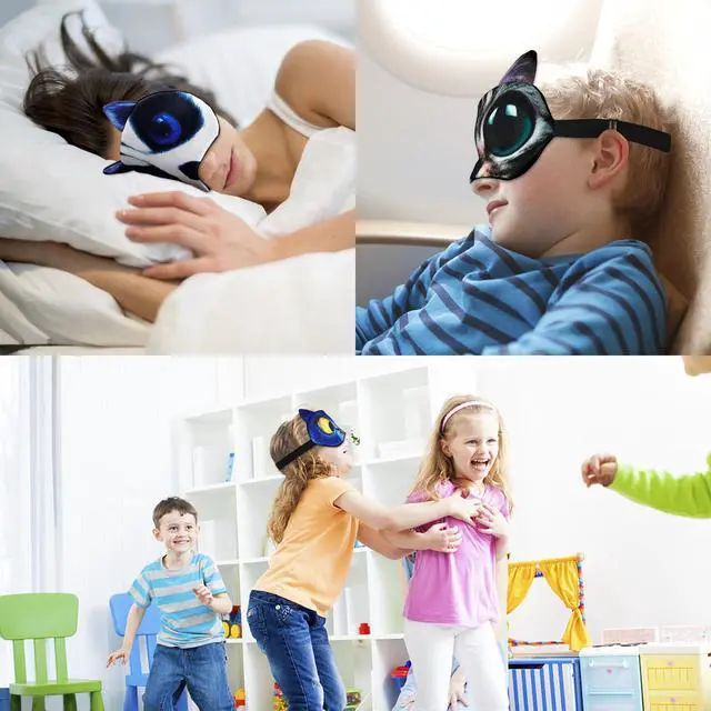 Alt view image 3 of 7 - Kids Sleep Mask, 4 Pack Cute Animal Cat Dog Funny Sleep Eye Mask for Sleeping Soft Plush Blindfold with Adjustable Strap for Kids Adults Travel Naps Shift Works Games(03 Style B- 4 Pack)