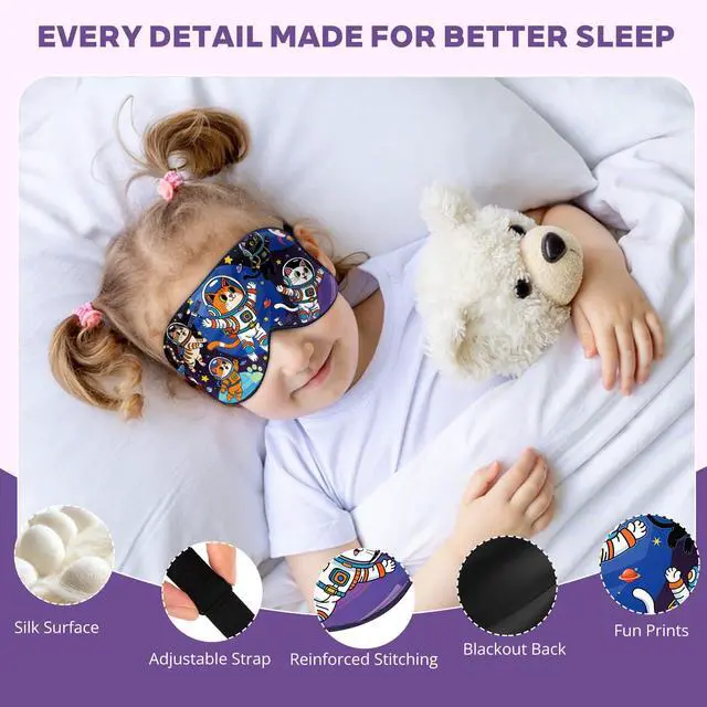 Alt view image 2 of 7 - Kids Silk Sleep Mask, 100% Mulberry Silk Eye Mask with Adjustable Strap | Soft Blackout Boys Girls Sleeping Mask, Cute Printed Blindfold for Travel/School/Bed, Gift for Ages 515