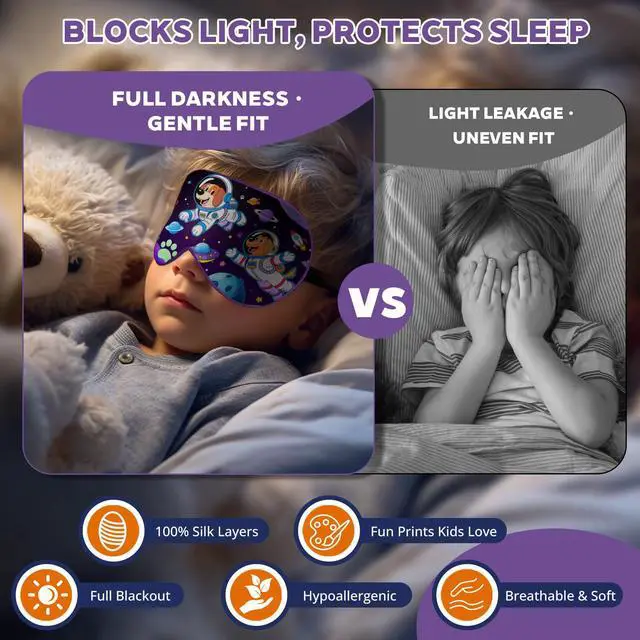 Alt view image 4 of 7 - Kids Silk Sleep Mask, 100% Mulberry Silk Eye Mask with Adjustable Strap | Soft Blackout Boys Girls Sleeping Mask, Cute Printed Blindfold for Travel/School/Bed, Gift for Ages 515