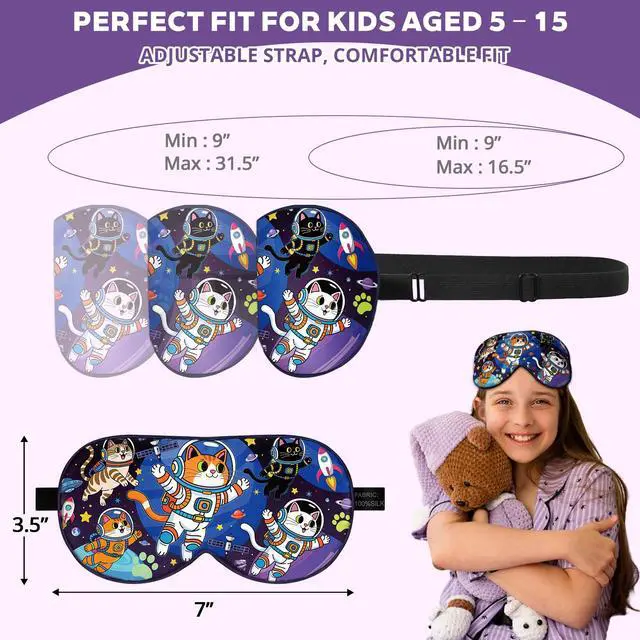 Alt view image 6 of 7 - Kids Silk Sleep Mask, 100% Mulberry Silk Eye Mask with Adjustable Strap | Soft Blackout Boys Girls Sleeping Mask, Cute Printed Blindfold for Travel/School/Bed, Gift for Ages 515