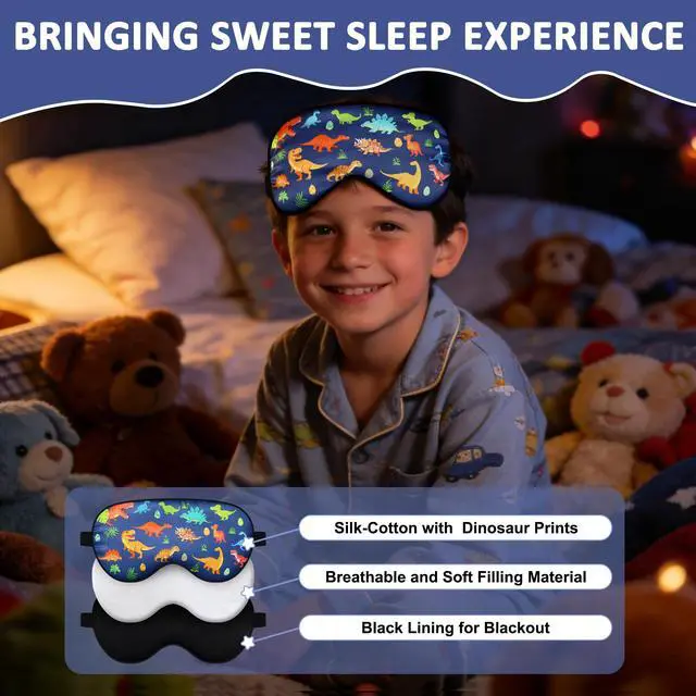 Alt view image 5 of 7 - Kids Sleep Mask, Kids Eye Mask for Sleeping, Dinosaur Kids Sleep Mask for Boys Girls Teens, Cute Cartoon Sleep Mask for Kids with Adjustable Straps, Soft Eye Mask for Home Travel Blindfold
