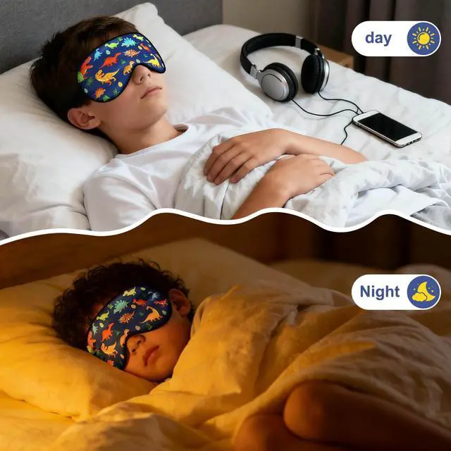 Alt view image 6 of 7 - Kids Sleep Mask, Kids Eye Mask for Sleeping, Dinosaur Kids Sleep Mask for Boys Girls Teens, Cute Cartoon Sleep Mask for Kids with Adjustable Straps, Soft Eye Mask for Home Travel Blindfold