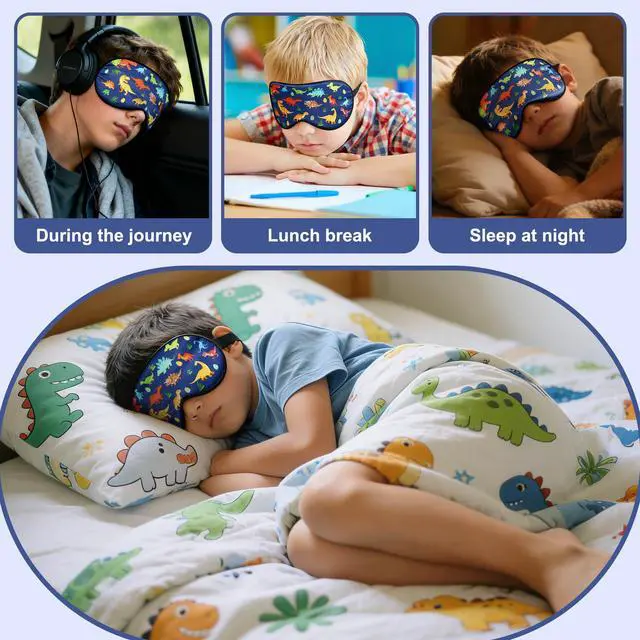 Alt view image 7 of 7 - Kids Sleep Mask, Kids Eye Mask for Sleeping, Dinosaur Kids Sleep Mask for Boys Girls Teens, Cute Cartoon Sleep Mask for Kids with Adjustable Straps, Soft Eye Mask for Home Travel Blindfold
