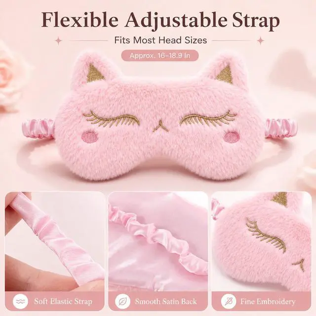Alt view image 3 of 7 - Sleep Mask for Kids Pink Cute Plush Fox Sleeping Eye Cover | Fuffy Kawaii Soft Eyeshade, Animal Eye Blindfold with Adjustable Strap, for women, girls, boys, teens travel Light Blocking