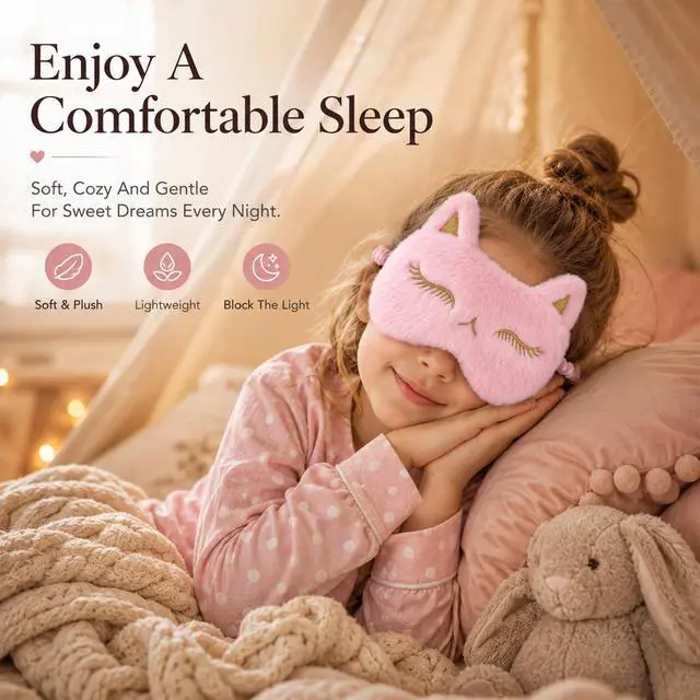 Alt view image 4 of 7 - Sleep Mask for Kids Pink Cute Plush Fox Sleeping Eye Cover | Fuffy Kawaii Soft Eyeshade, Animal Eye Blindfold with Adjustable Strap, for women, girls, boys, teens travel Light Blocking