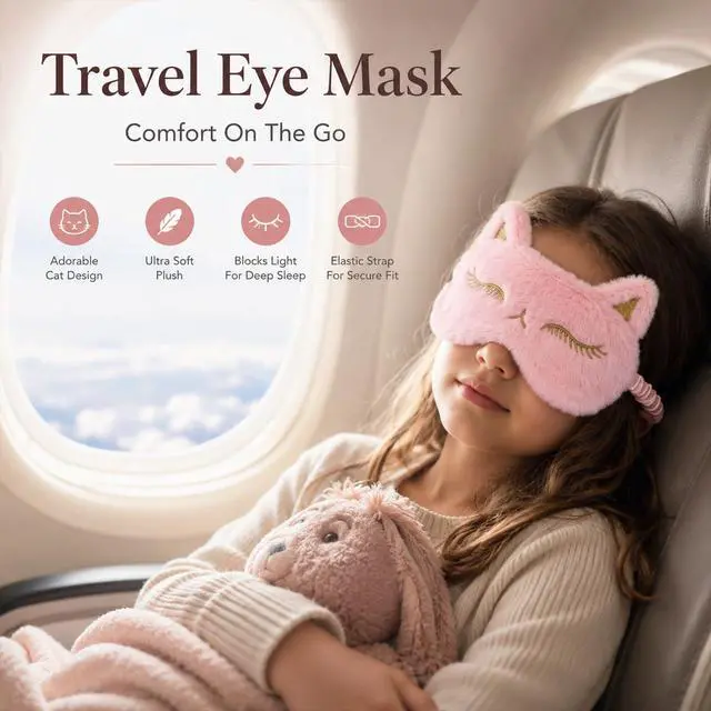Alt view image 5 of 7 - Sleep Mask for Kids Pink Cute Plush Fox Sleeping Eye Cover | Fuffy Kawaii Soft Eyeshade, Animal Eye Blindfold with Adjustable Strap, for women, girls, boys, teens travel Light Blocking