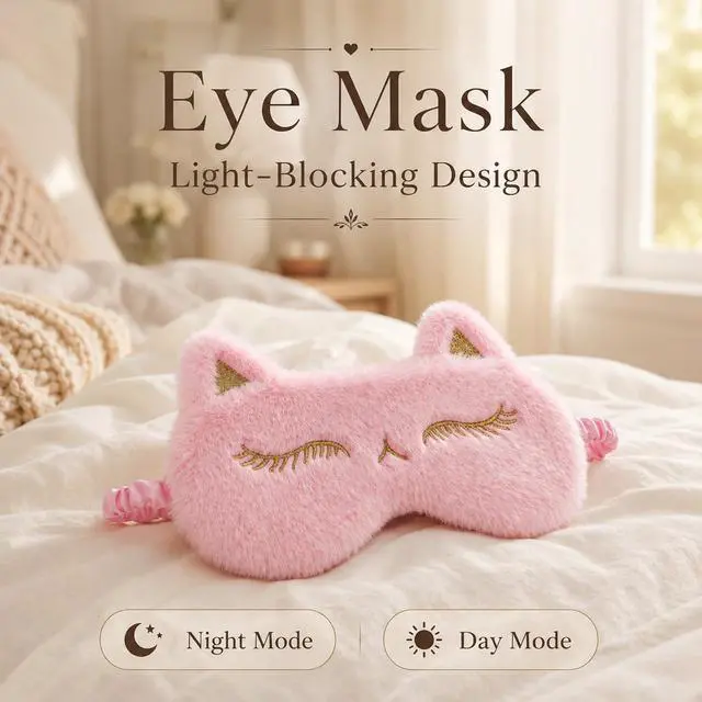 Alt view image 6 of 7 - Sleep Mask for Kids Pink Cute Plush Fox Sleeping Eye Cover | Fuffy Kawaii Soft Eyeshade, Animal Eye Blindfold with Adjustable Strap, for women, girls, boys, teens travel Light Blocking