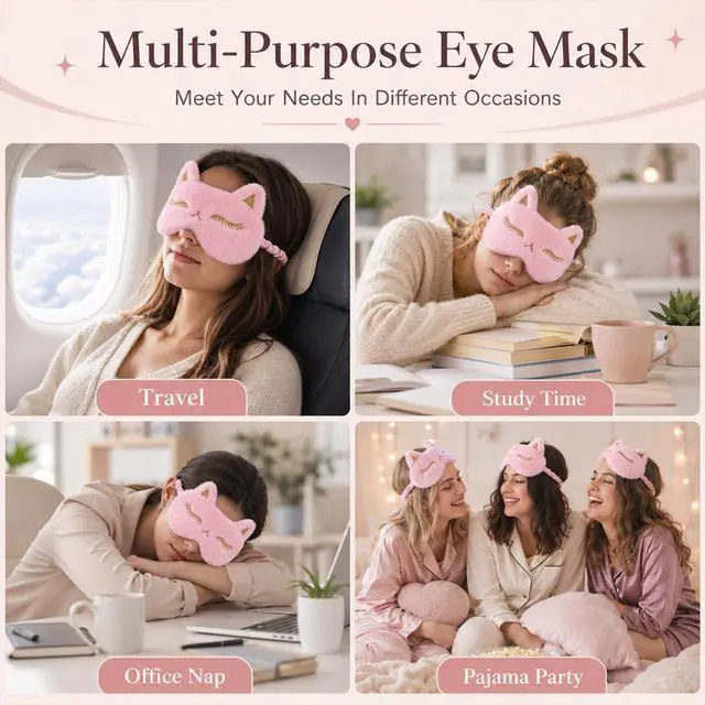 Alt view image 7 of 7 - Sleep Mask for Kids Pink Cute Plush Fox Sleeping Eye Cover | Fuffy Kawaii Soft Eyeshade, Animal Eye Blindfold with Adjustable Strap, for women, girls, boys, teens travel Light Blocking