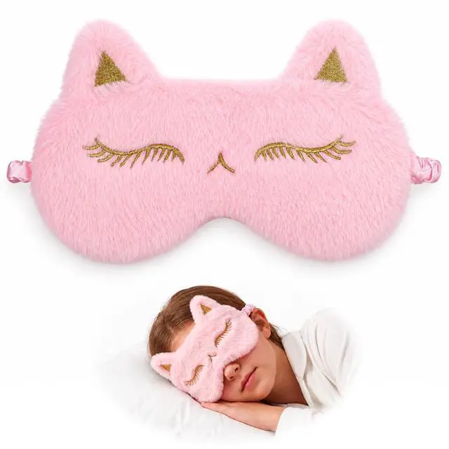 Main image of Sleep Mask for Kids Pink Cute Plush Fox Sleeping Eye Cover | Fuffy Kawaii Soft Eyeshade, Animal Eye Blindfold with Adjustable Strap, for women, girls, boys, teens travel Light Blocking
