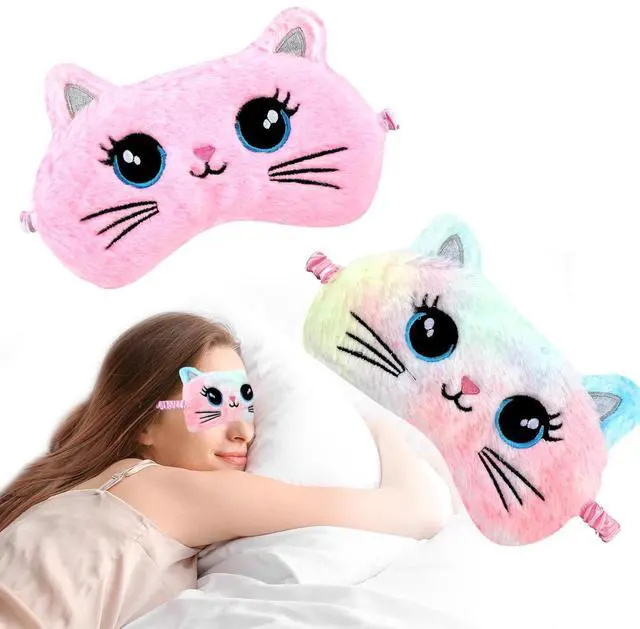Main image of 2PCS Sleep Mask for Kids, Cute Cat Eye Mask Soft Plush Sleeping Mask for Girls Women, Colorful & Pink Big Eye Cat, Light Blocking Travel Eye Cover with Adjustable Strap