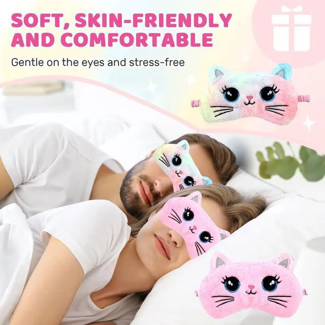 Alt view image 3 of 7 - 2PCS Sleep Mask for Kids, Cute Cat Eye Mask Soft Plush Sleeping Mask for Girls Women, Colorful & Pink Big Eye Cat, Light Blocking Travel Eye Cover with Adjustable Strap
