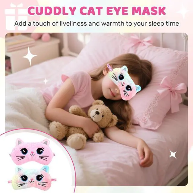 Alt view image 2 of 7 - 2PCS Sleep Mask for Kids, Cute Cat Eye Mask Soft Plush Sleeping Mask for Girls Women, Colorful & Pink Big Eye Cat, Light Blocking Travel Eye Cover with Adjustable Strap