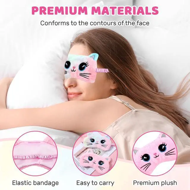 Alt view image 4 of 7 - 2PCS Sleep Mask for Kids, Cute Cat Eye Mask Soft Plush Sleeping Mask for Girls Women, Colorful & Pink Big Eye Cat, Light Blocking Travel Eye Cover with Adjustable Strap