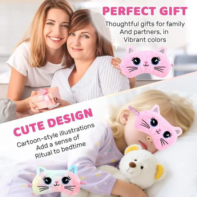 Alt view image 5 of 7 - 2PCS Sleep Mask for Kids, Cute Cat Eye Mask Soft Plush Sleeping Mask for Girls Women, Colorful & Pink Big Eye Cat, Light Blocking Travel Eye Cover with Adjustable Strap