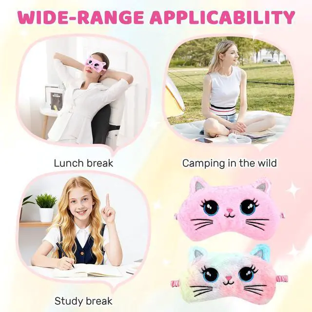 Alt view image 6 of 7 - 2PCS Sleep Mask for Kids, Cute Cat Eye Mask Soft Plush Sleeping Mask for Girls Women, Colorful & Pink Big Eye Cat, Light Blocking Travel Eye Cover with Adjustable Strap