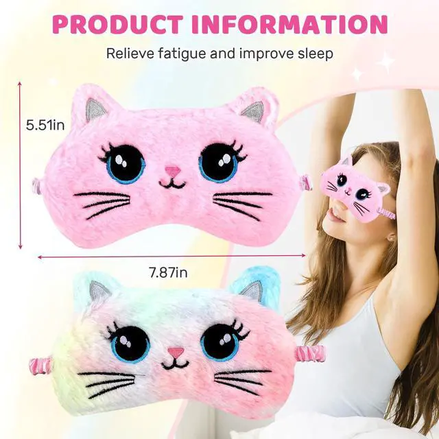 Alt view image 7 of 7 - 2PCS Sleep Mask for Kids, Cute Cat Eye Mask Soft Plush Sleeping Mask for Girls Women, Colorful & Pink Big Eye Cat, Light Blocking Travel Eye Cover with Adjustable Strap