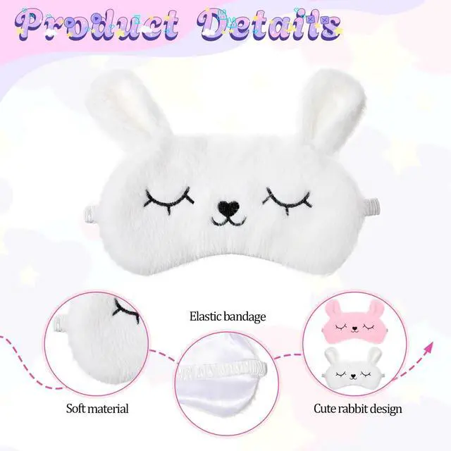 Alt view image 3 of 7 - Kids Sleep Mask, 2 Pcs Cute Rabbit Plush Eye Mask Soft Comfortable | Kids Eye Mask for Sleeping Funny Animal Eyeshade Cover for Women Girls Home Travel Nap Sleepover Party (White, Pink)