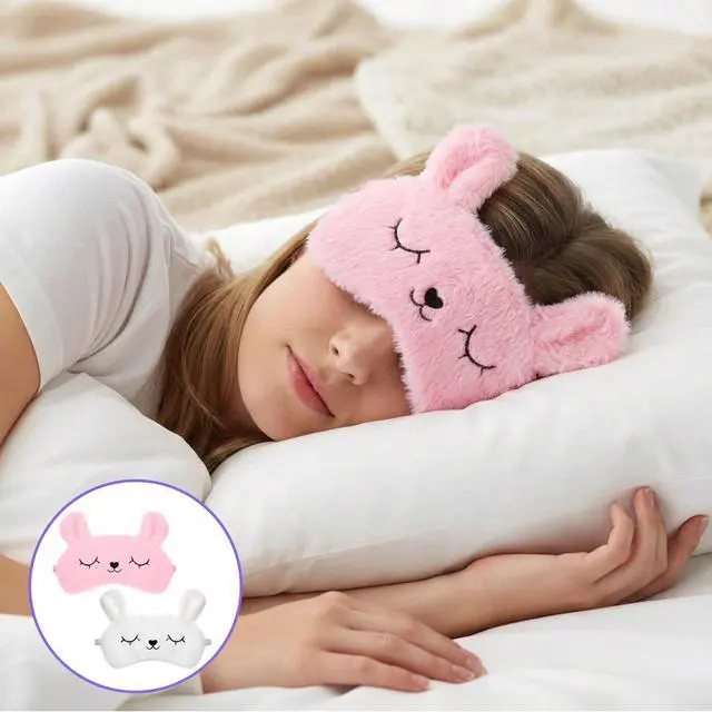 Alt view image 4 of 7 - Kids Sleep Mask, 2 Pcs Cute Rabbit Plush Eye Mask Soft Comfortable | Kids Eye Mask for Sleeping Funny Animal Eyeshade Cover for Women Girls Home Travel Nap Sleepover Party (White, Pink)