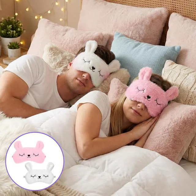 Alt view image 5 of 7 - Kids Sleep Mask, 2 Pcs Cute Rabbit Plush Eye Mask Soft Comfortable | Kids Eye Mask for Sleeping Funny Animal Eyeshade Cover for Women Girls Home Travel Nap Sleepover Party (White, Pink)