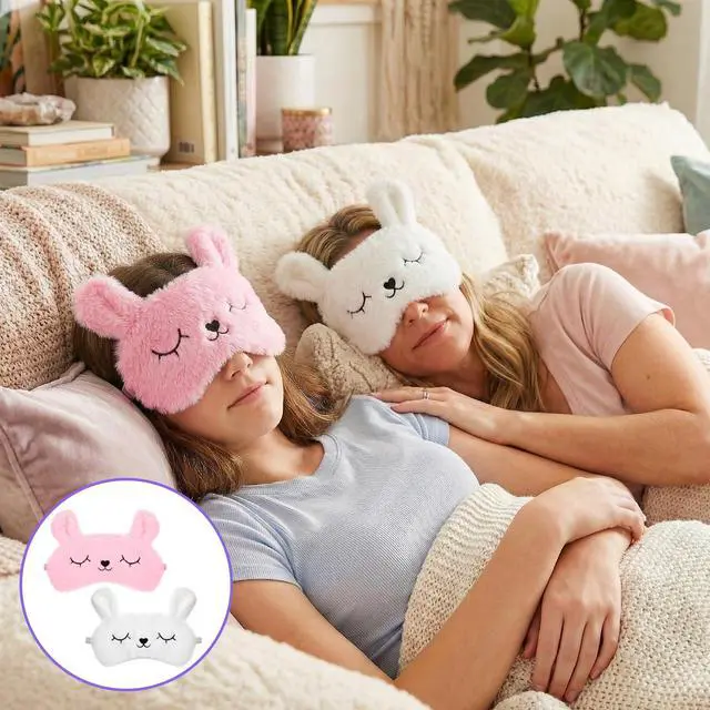 Alt view image 6 of 7 - Kids Sleep Mask, 2 Pcs Cute Rabbit Plush Eye Mask Soft Comfortable | Kids Eye Mask for Sleeping Funny Animal Eyeshade Cover for Women Girls Home Travel Nap Sleepover Party (White, Pink)