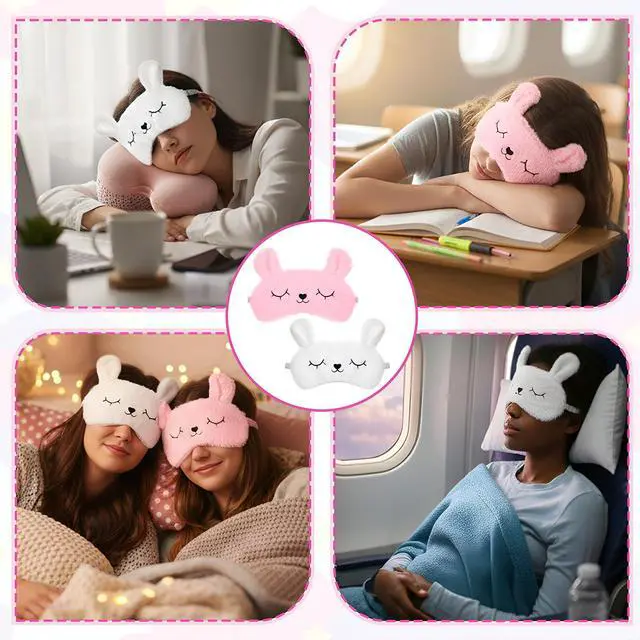 Alt view image 7 of 7 - Kids Sleep Mask, 2 Pcs Cute Rabbit Plush Eye Mask Soft Comfortable | Kids Eye Mask for Sleeping Funny Animal Eyeshade Cover for Women Girls Home Travel Nap Sleepover Party (White, Pink)