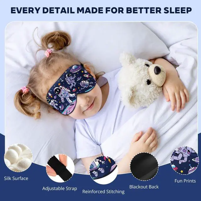 Alt view image 3 of 6 - Kids Silk Sleep Mask, 100% Mulberry Silk Eye Mask with Adjustable Strap | Soft Blackout Boys Girls Sleeping Mask, Cute Printed Blindfold for Travel/School/Bed, Gift for Ages 515