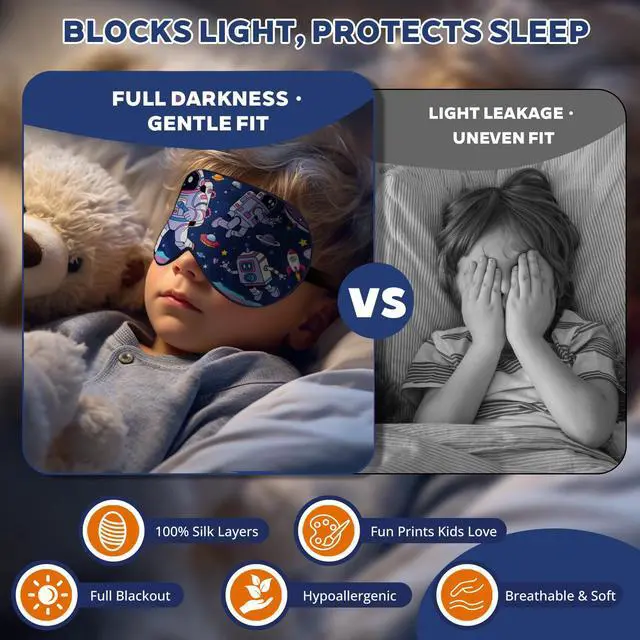 Alt view image 4 of 6 - Kids Silk Sleep Mask, 100% Mulberry Silk Eye Mask with Adjustable Strap | Soft Blackout Boys Girls Sleeping Mask, Cute Printed Blindfold for Travel/School/Bed, Gift for Ages 515