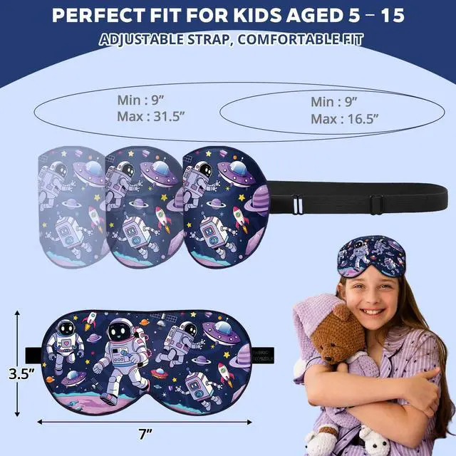 Alt view image 6 of 6 - Kids Silk Sleep Mask, 100% Mulberry Silk Eye Mask with Adjustable Strap | Soft Blackout Boys Girls Sleeping Mask, Cute Printed Blindfold for Travel/School/Bed, Gift for Ages 515